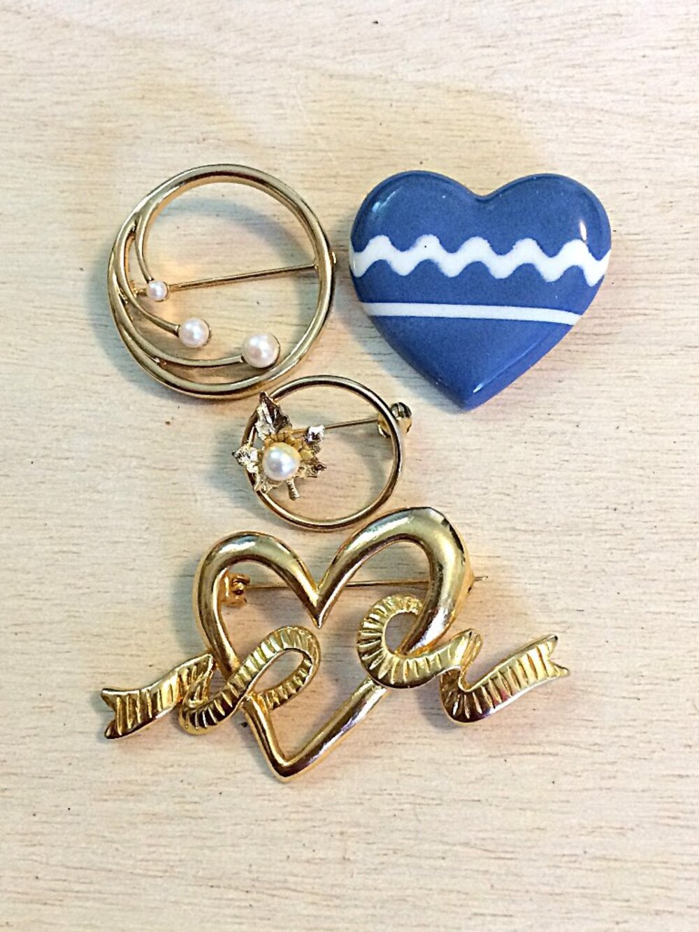 Vintage Brooch Lot of 4 - Signed Monet Pearl Pin & Heart Group